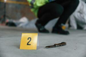 Detectives are collecting evidence in a crime scene near dead body. Forensic specialists are making expertise photo