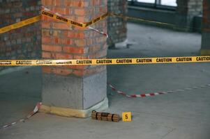 Clue, number five. Explosive ,bomb is indoors. Police investigation. Conception of terror photo