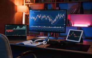 Computer with stock exchange graph ,on display is in the dark room with neon lighting photo