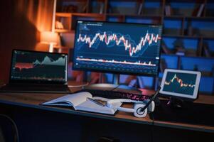 Computer with stock exchange,, graph on display is in the dark room with neon lighting photo