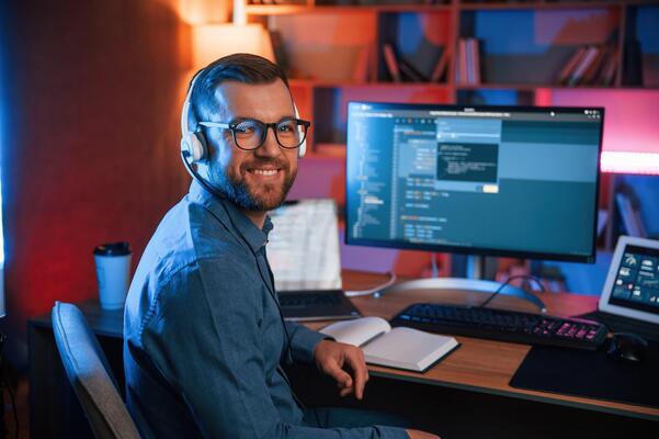 Sitting, and smiling.. Professional programmer is working indoors. Neon lighting