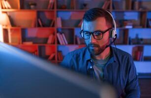 In glasses. Man, is sitting by a computer indoors at home. Neon lighting photo