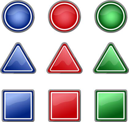 Multi-color 3d button. Square, triangular, and round glossy colorful web interface buttons.