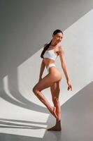 Model ,is posing. Young caucasian woman with slim body shape is indoors in the studio photo