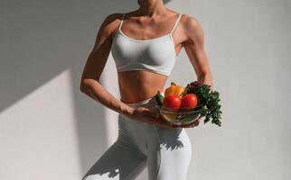 Conception of healthy eating. With fruits.. Young caucasian woman with slim body shape is indoors in the studio photo