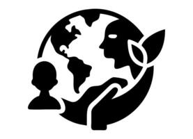 A simple, black and white silhouette of a man looking at a calendar with an image of the Earth and a small tree, signifying Earth Day or environmental awareness. vector