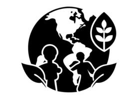 A stylized, black and white graphic depicts a world map encompassing the globe. vector