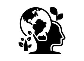 A bold, symbolic image depicting a person's profile with the Earth prominently featured above the head, surrounded by sprouting leaves and a small tree. Global Sustainability, A Silhouette of Earth vector