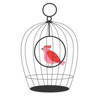 Flat Style Illustration of a Red Crested Songbird in a Minimalist Wire Cage on a White Background vector