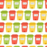 Flat Style Seamless Pattern Featuring Waste Sorting Containers for Paper, Metal, and Glass on a White Background vector