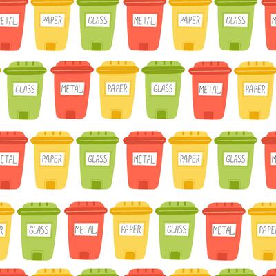 Flat Style Seamless Pattern Featuring Waste Sorting Containers for Paper, Metal, and Glass on a White Background