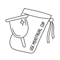 Menstrual Cup with Storage Bag and Use Menstrual Cup Message. Black and White Linear Illustration vector