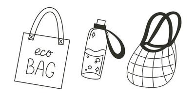 Black and White Linear Illustration of a Tote Bag and Reusable Glass Bottle vector