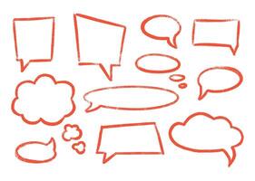 Red chalk speech bubble hand drawn set - think cloud, dialog balloon doodle frames. vector