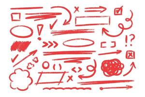 Red chalk hand drawn design elements - sketchy arrows, lines, circles, brushstrokes. vector