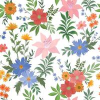 A seamless pattern featuring an elegant arrangement of lilies and field cornflower flowers and leaves, creating a harmonious and natural botanical design vector