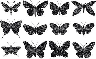 A illustration of silhouette butterflies with intricate wing patterns, showcasing a variety of artistic and natural designs vector