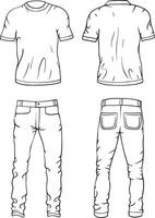 Outline illustration of a casual outfit featuring a plain white T-shirt and classic jeans, in both front and back views, fabric folds, seams, and stitching details vector