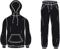 illustration of a silhouette tracksuit of a hooded sweatshirt with a front pocket and drawstrings, with matching jogger pants featuring an elastic waistband and side pockets on white background vector