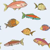 A seamless pattern featuring a variety of colorful tropical fish swimming against a light blue background, creating a vibrant and lively underwater-themed design vector