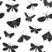 Seamless pattern with intricately designed butterflies and moths in silhouette, showcasing diverse wing patterns and artistic detailing, illustration vector