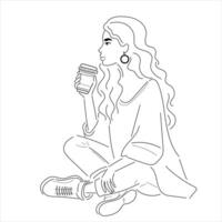 The girl sits in a yoga pose and enjoys coffee or tea. vector