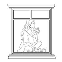 The girl is sitting on the window and drinking coffee. vector