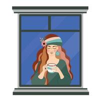 The girl is sitting on the window and drinking coffee vector