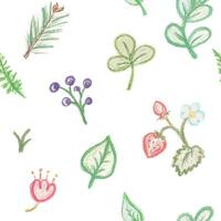 A seamless pattern with hand-drawn crayon-style botanical elements vector