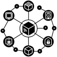 A black and white image of a cube with various devices connected to it vector
