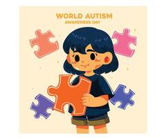 Autism Awareness Day with Colorful Cartoon Character Holding Puzzle Piece vector