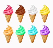 Ice cream cones set of 8 different colors. Isolated on white background. Graphic design. vector