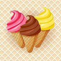 Ice cream cones poster on a waffle background. Graphic design. vector