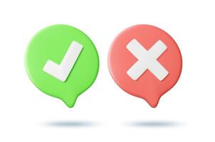 3D illustration render of check mark and cross icon on message bubble. Concept representing confirmation and denial in communication process. Decision, approval, rejection. Isolated on white vector