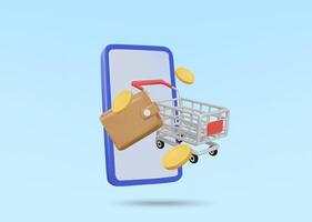 3D illustration render of shopping cart icon, digital wallet, coin and mobile phone. Online shopping concept. Convenient and fast purchase and transaction on the internet or payment. vector