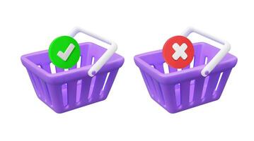 3D render illustration of shopping cart icon. Two purple minimalist with check mark and cross symbols representing shopping status, successful or failed transactions,isolated on white backgroud vector