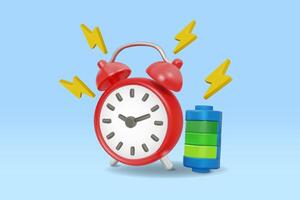 illustration 3D render of red alarm clock icon. Battery with green power strip and yellow lightning, the concept of energy efficiency time management and increasing energy for work or activity vector