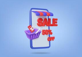 3D icon of an e commerce concept with a smartphone, striped awning, shopping basket, discount tag, and bold sale text showing 50 off representing online shopping and digital retail. vector