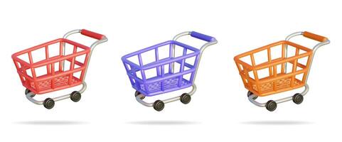 3D rendered illustration of a set of three shopping cart icons in red, purple and orange, often used as symbols in shopping, shopping or retail topics. Isolated on a white background vector