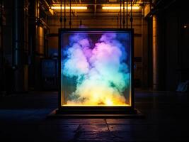 Glass showcase with colorful smoke in industrial warehouse. Selective focus. Chromatic Smoke Cloud photo