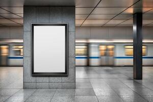 Digital billboard on subway platform with train passing by photo