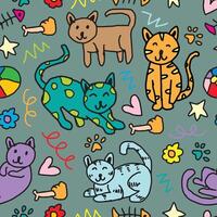 Seamless pattern with cute cats and doodle elements. vector