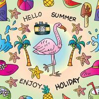 Hello Summer Enjoy Holiday with Flamingo, Palm Trees, Starfish, and Beach Elements vector