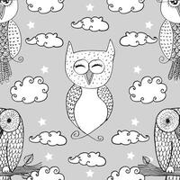 Seamless pattern with owls and clouds. vector