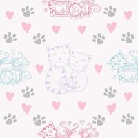 Seamless pattern hand drawn cats with heart and camera. vector