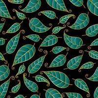 Seamless pattern with green leaves on black background. vector