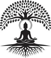 the buddha sitting under a tree with roots vector
