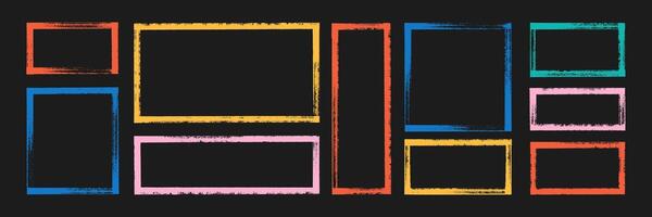 Set of grunge text frames with brush, crayon or pastel texture. Graphic rectangle elements for highlights. Color illustration on a blackboard. vector