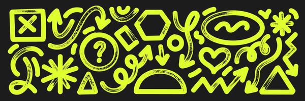 Set of hand drawn elements with brush, marker or crayon texture. Grunge arrow, oval, heart and rectangle for design. Yellow illustration on a blackboard. vector
