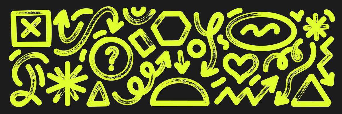 Set of hand drawn elements with brush, marker or crayon texture. Grunge arrow, oval, heart and rectangle for design. Yellow illustration on a blackboard.